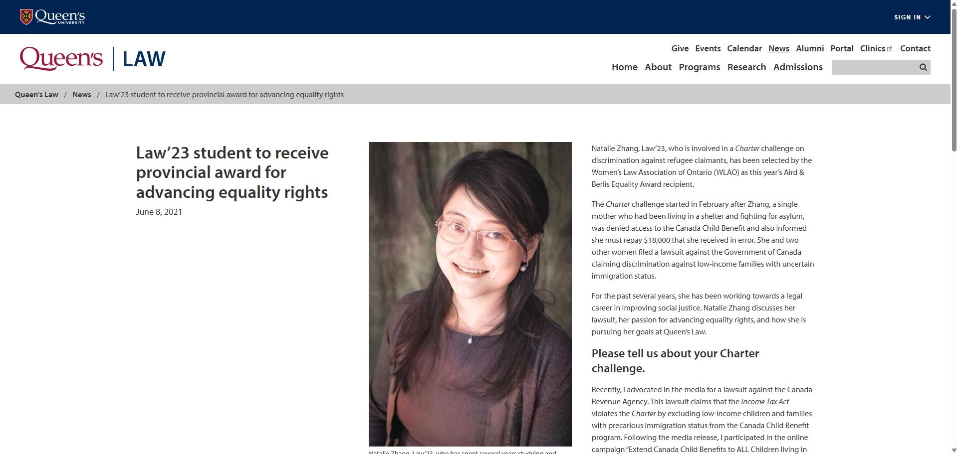 Law’23 student to receive provincial award for advancing equality rights _ Queen's Law