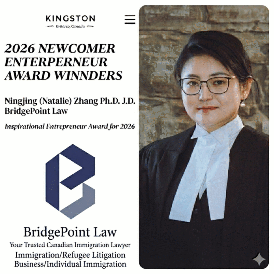 BridgePoint Law 主理律师张宁静博士荣获 2026 金斯顿新移民创业者奖 – 鼓舞人心的新移民奖