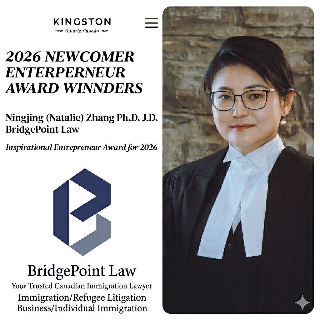 BridgePoint Law 主理律师张宁静博士荣获 2026 金斯顿新移民创业者奖 – 鼓舞人心的新移民奖