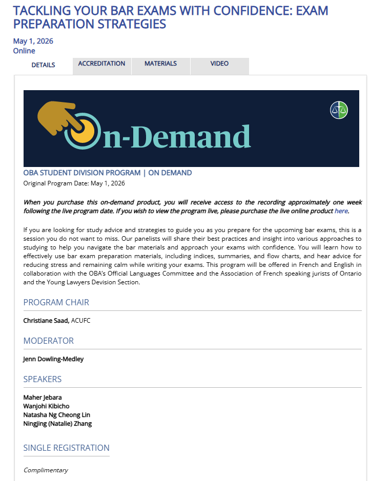 OBA Student Division program — Tackling Your Bar Exams with Confidence — May 1, 2026