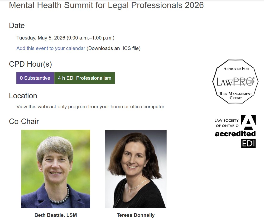 LSO 2026 法律职业心理健康峰会联合主席 Beth Beattie 与 Teresa Donnelly